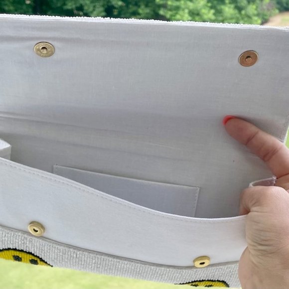 Emoji Smiley Face White Double Side Beaded Crossbody Clutch Handbag Bag NEW - Picture 6 of 8